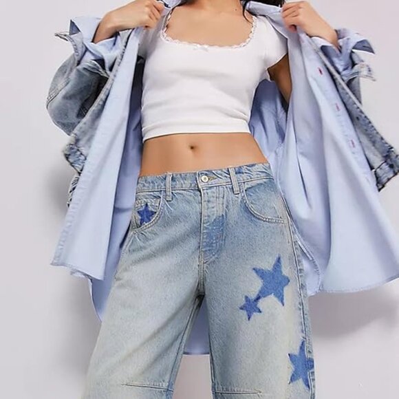 Astronomy Domain Star Printed Boyfriend Retro Horseshoe Jeans Light Blue - Picture 3 of 9